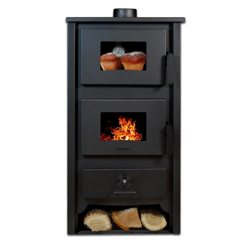 Termosoba pe lemn Termax Codru, 24.43 kW, cuptor integrat, randament 85.10%, 155 m², Negru