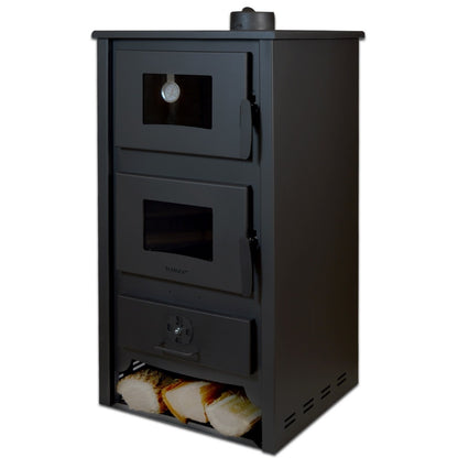 Termosoba pe lemn Termax Codru, 24.43 kW, cuptor integrat, randament 85.10%, 155 m², Negru