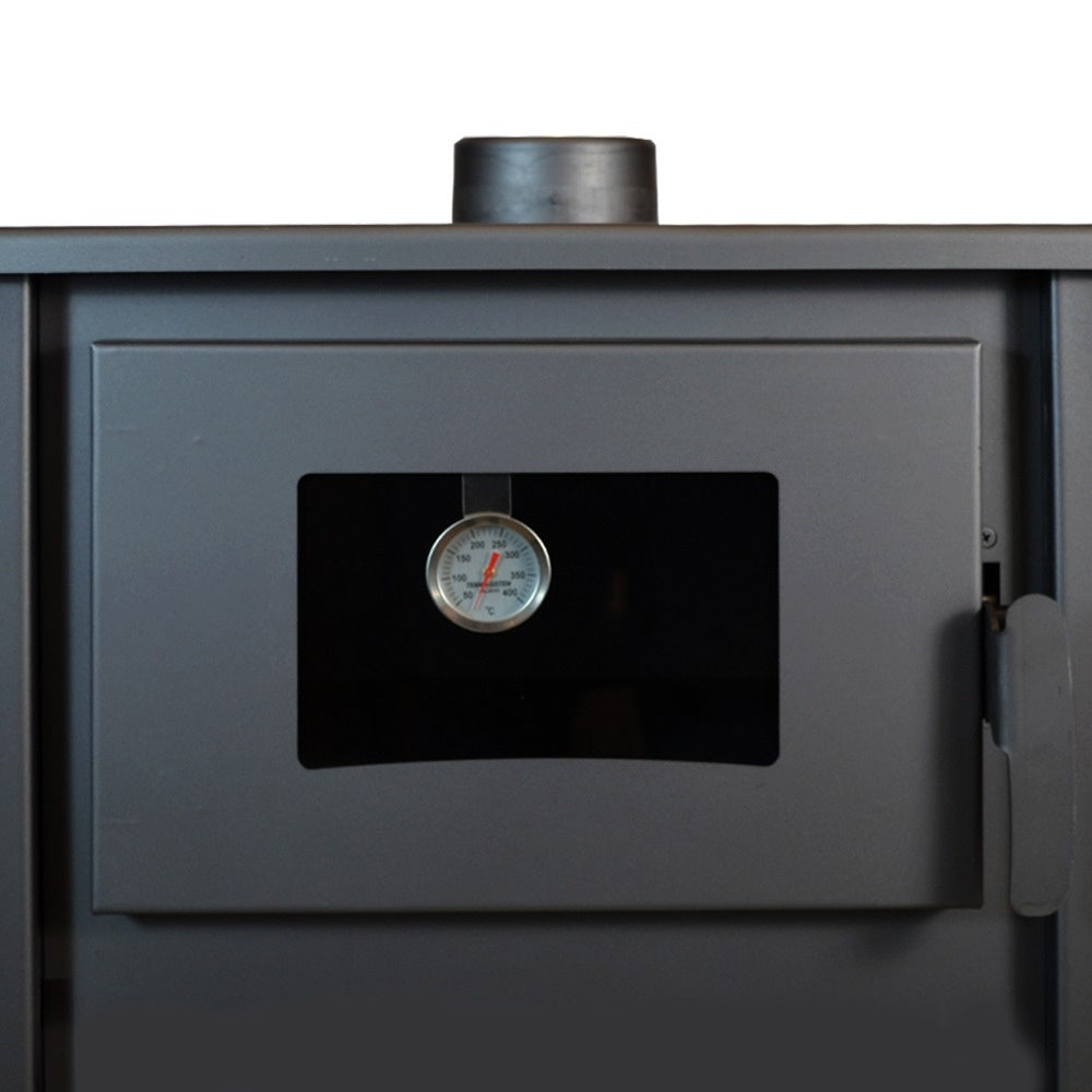 Termosoba pe lemn Termax Codru, 24.43 kW, cuptor integrat, randament 85.10%, 155 m², Negru