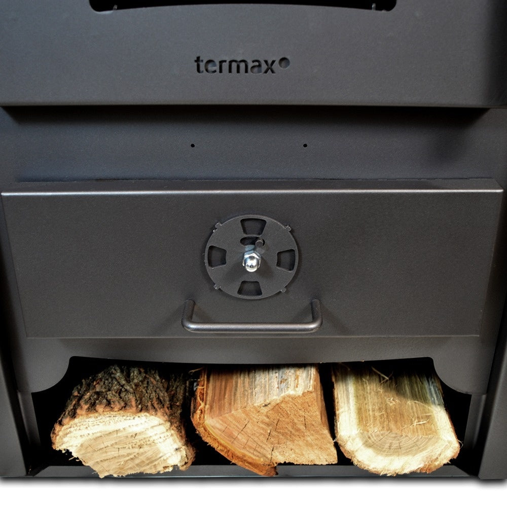 Termosoba pe lemn Termax Codru, 24.43 kW, cuptor integrat, randament 85.10%, 155 m², Negru