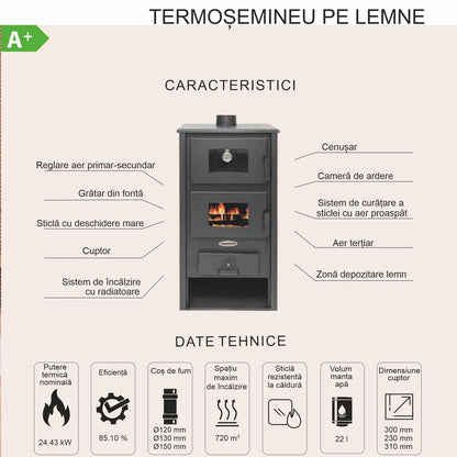 Termosoba pe lemn Termax Codru, 24.43 kW, cuptor integrat, randament 85.10%, 155 m², Antracit