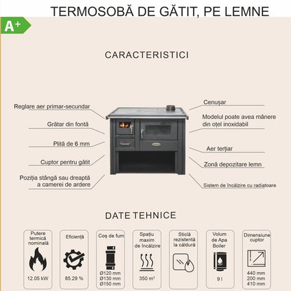 Termosoba pe lemn Termax Culina, 12.05 kW, evacuare pe dreapta, cuptor integrat, randament 85.29%, 80 m², Rosu