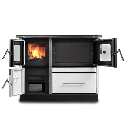 Termosoba pe lemn Termax Maria 25 kW din otel, evacuare pe dreapta, cuptor, design modern si functional, 150 mp, Alb