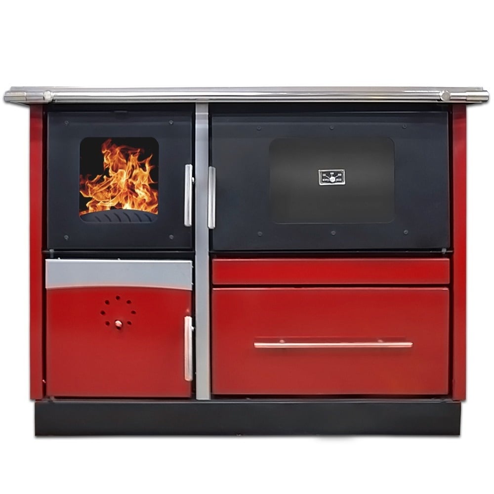 Termosoba pe lemn Termax Maria 25 kW din otel, evacuare pe dreapta, cuptor, design modern si functional, 150 mp, Bordo