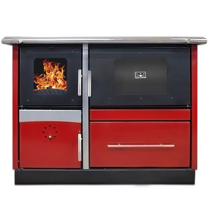 Termosoba pe lemn Termax Maria 25 kW din otel, evacuare pe dreapta, cuptor, design modern si functional, 150 mp, Bordo