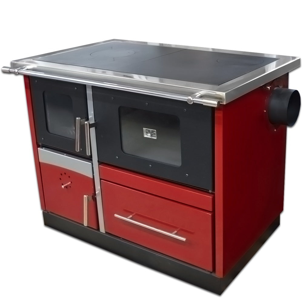 Termosoba pe lemn Termax Maria 25 kW din otel, evacuare pe dreapta, cuptor, design modern si functional, 150 mp, Bordo
