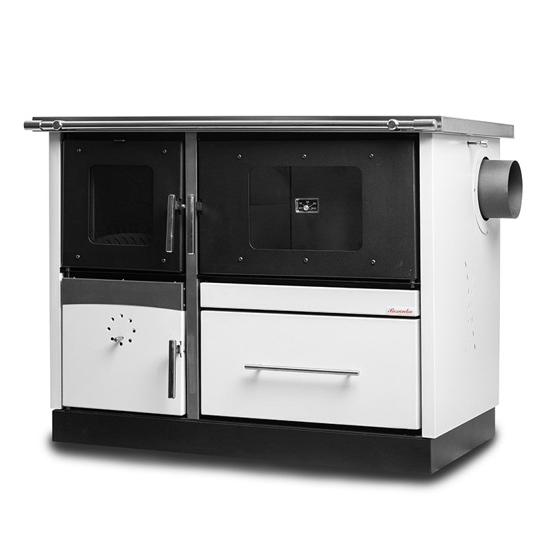 Termosoba pe lemn Termax Maria 25 kW din otel, evacuare pe dreapta, cuptor, design modern si functional, 150 mp, Alb