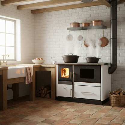 Termosoba pe lemn Termax Maria 25 kW din otel, evacuare pe stanga, cuptor, design modern si functional, 150 mp, Alb