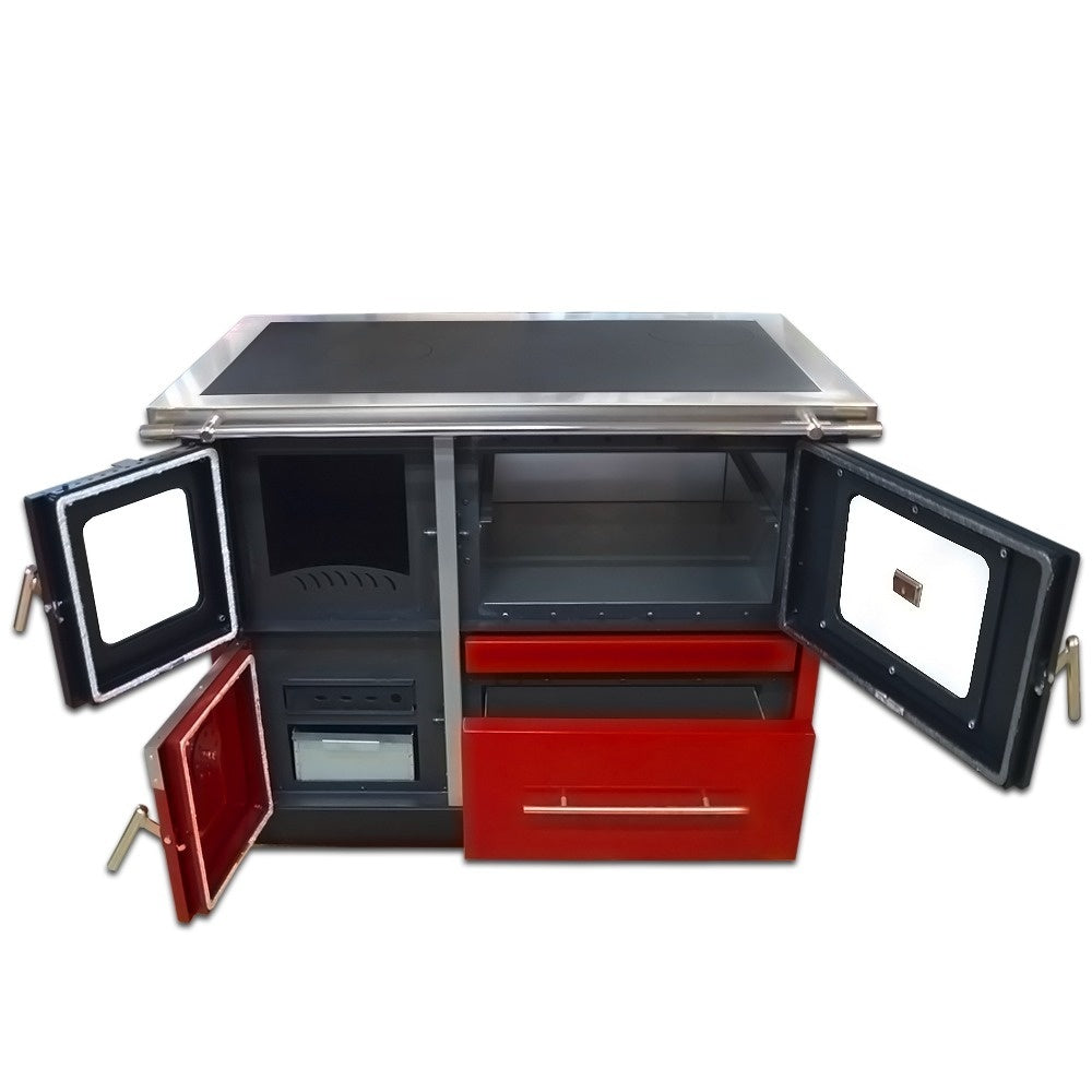 Termosoba pe lemn Termax Maria 35 kW din otel, evacuare pe dreapta, cuptor, design modern si functional, 230 mp, Bordo