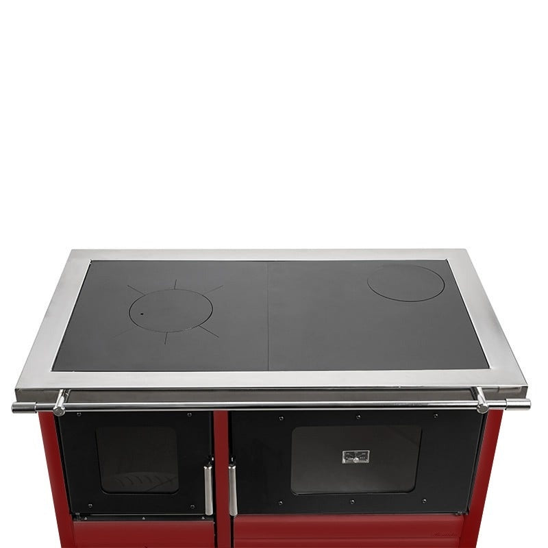 Termosoba pe lemn Termax Maria 35 kW din otel, evacuare pe dreapta, cuptor, design modern si functional, 230 mp, Bordo
