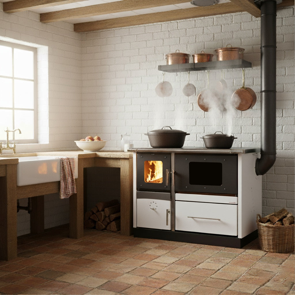 Termosoba pe lemn Termax Maria 35 kW din otel, evacuare pe stanga, cuptor, design modern si functional, 230 mp, Alb