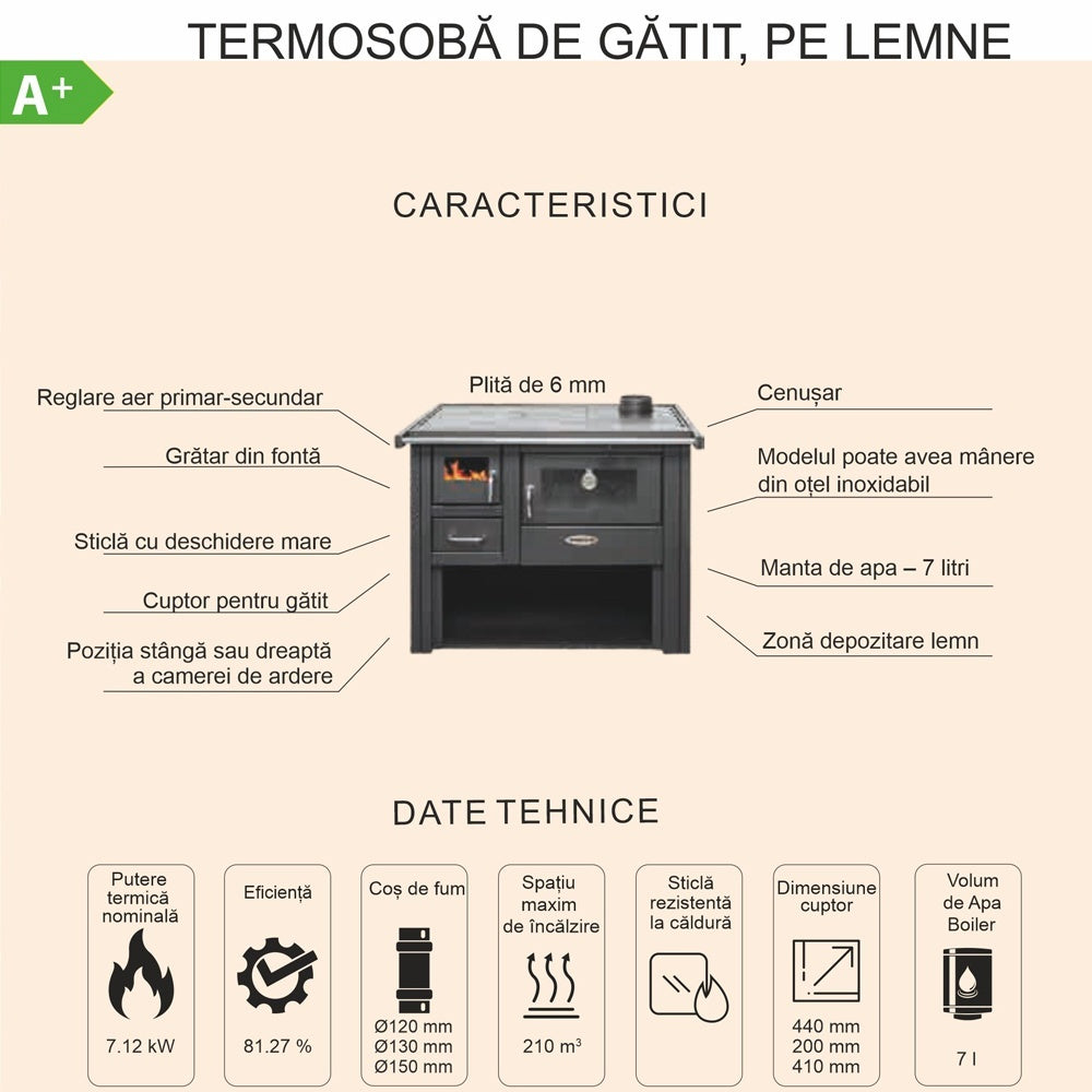 Termosoba pe lemn Termax Voinic, 12.05 kW, evacuare pe dreapta, cuptor integrat, randament 85.29%, 80 m², Antracit