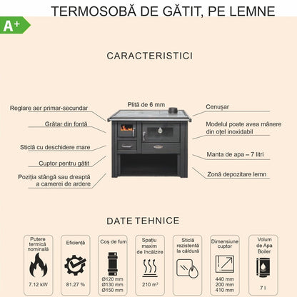 Termosoba pe lemn Termax Voinic, 12.05 kW, evacuare pe dreapta, cuptor integrat, randament 85.29%, 80 m², Antracit