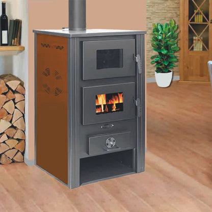 Termosoba pe lemn Termax Zorile, 24.43 kW, cuptor integrat, randament 85.10%, 155 m², Maro