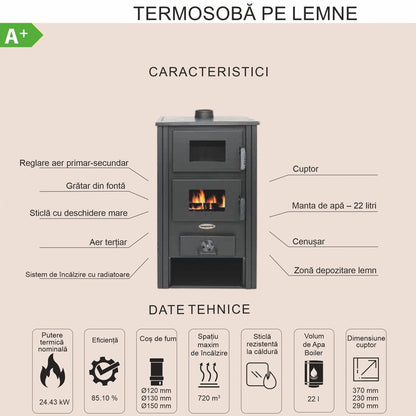 Termosoba pe lemn Termax Zorile, 24.43 kW, cuptor integrat, randament 85.10%, 155 m², Bordo