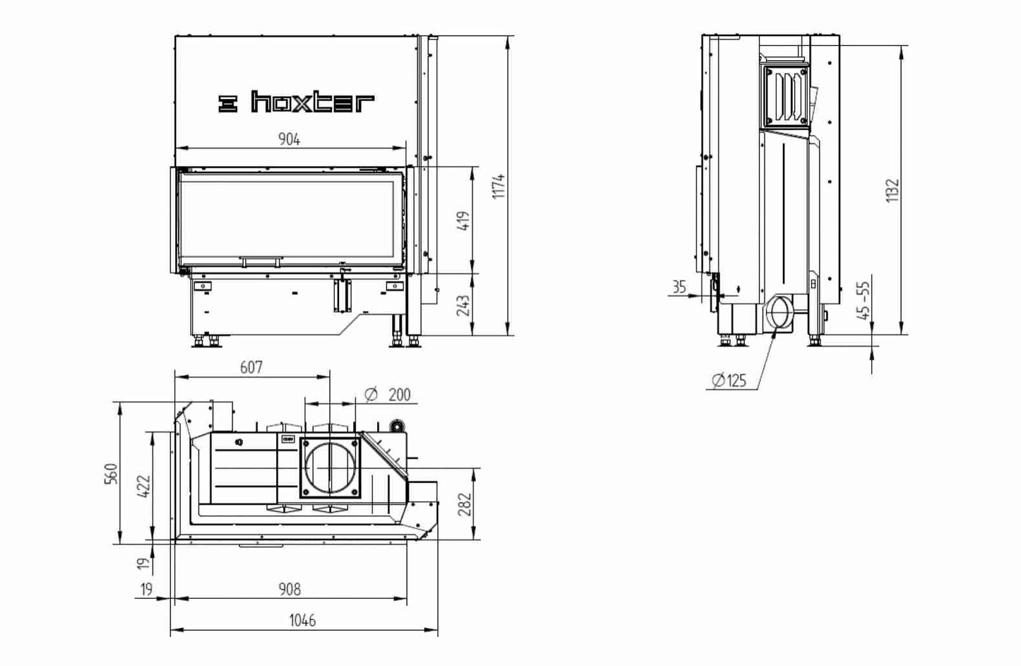 Focar semineu Hoxter ECKA 90/40/40 Lh