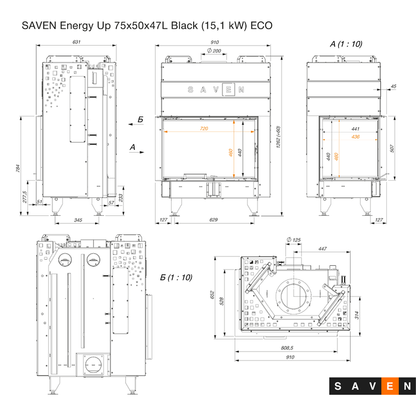 Șemineu SAVEN Energy Up 75х50х47L (15,1 kW) ECO Ghilotină – Sticlă laterală stânga